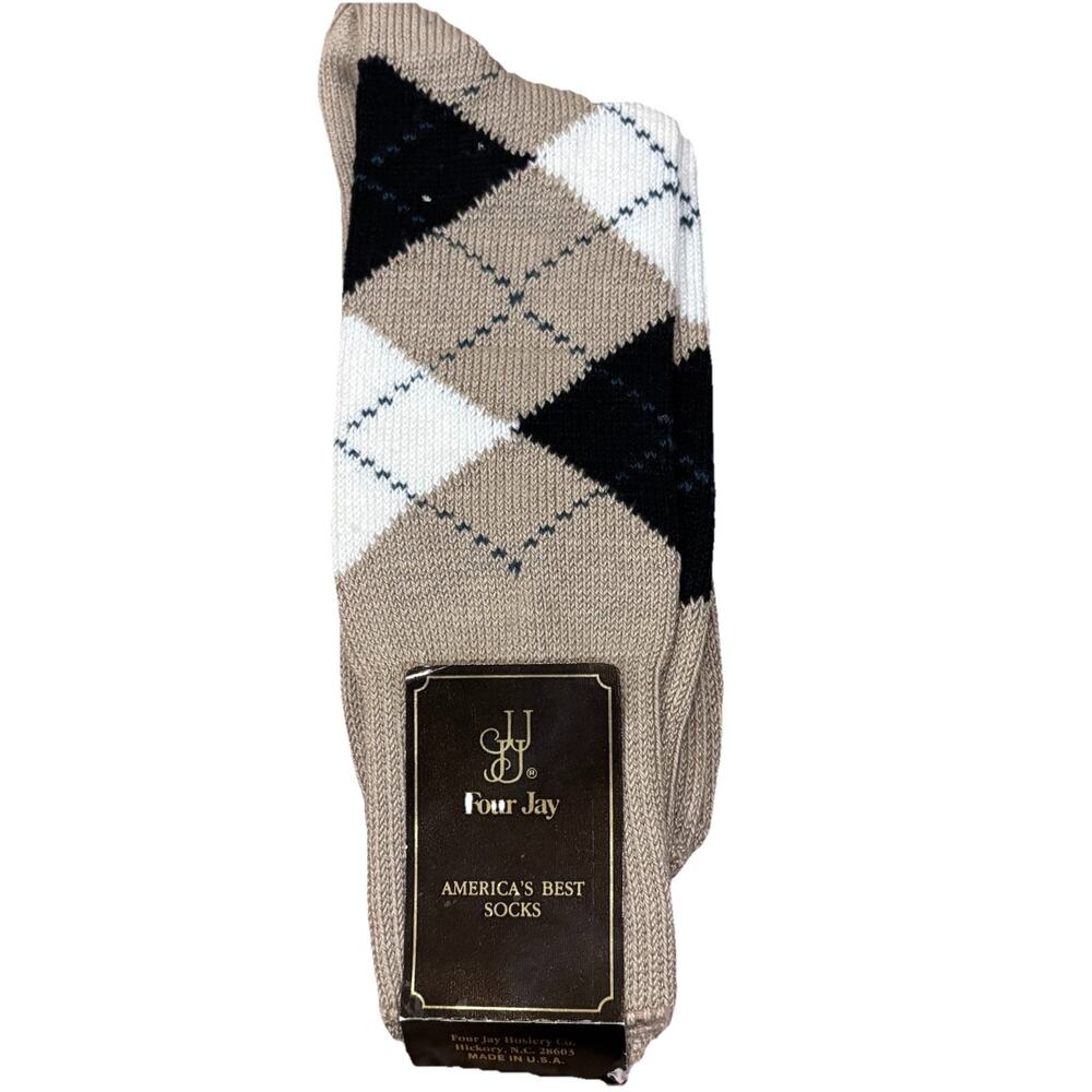 Vintage New Four Jay Argyle Cotton Blend Socks Black, Tan & Cream Size 8-12